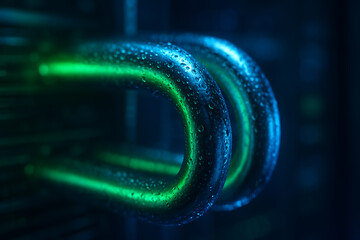 Close-up of metal cooling pipes in a high-tech server environment, covered in condensation droplets and glowing with blue-green light, symbolizing data center cooling precision and efficiency.
