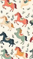 Fototapeta premium Gentle Parade of Horses in Retro Style Repeating Illustration