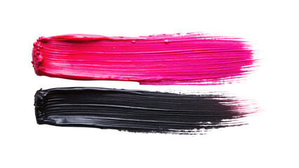 Two brush strokes of pink and black paint isolated on transparent background