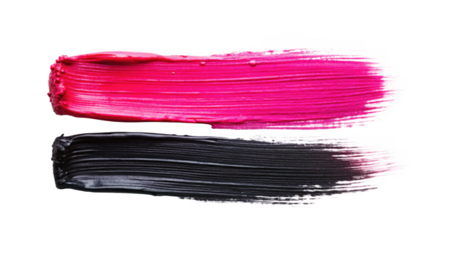 Two brush strokes of pink and black paint isolated on transparent background