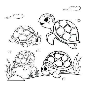 Happy Turtles Line Drawing Illustration