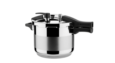 Stainless steel pressure cooker with black handle isolated on transparent background