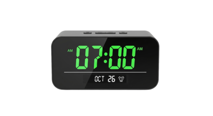 Black digital alarm clock showing 0700 am isolated on transparent background