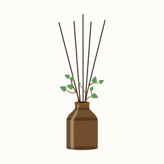Reed diffuser in bottle with sticks and green leaves. Hotel amenity and spa decor. For packaging, brochures, room cards, branding and web banners.