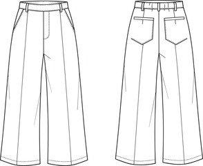 Wide leg pants technical illustration, front and back fashion drawing, high waist garment construction sketch, apparel design template, clothing manufacturing reference