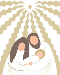 Christmas nativity scene of baby Jesus, Mary and Joseph. Hand drawn stylized bible illustration clipart isolated. Cartoon vector illustration in Scandinavian style
