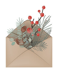 Christmas composition of winter branches in an envelope. Vector isolated illustration.