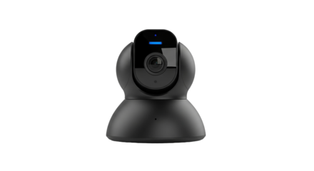 A sleek black security camera isolated on transparent background, providing surveillance
