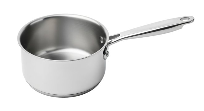 Stainless steel saucepan with handle isolated on transparent background for cooking