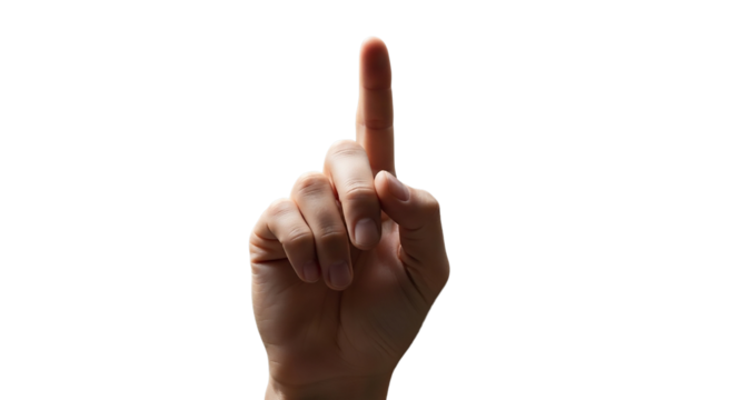 Hand pointing up isolated on transparent background, showing the number one sign