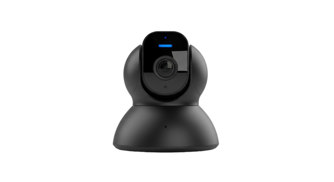 A sleek black security camera isolated on transparent background, providing surveillance