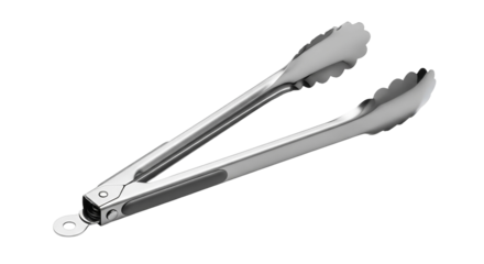Stainless steel kitchen tongs isolated on transparent background for grilling and serving