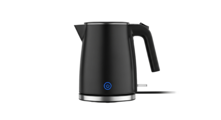 Modern black electric kettle for fast and efficient water boiling isolated on transparent background