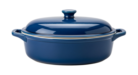 Stylish blue casserole dish with lid for oven or stovetop cooking isolated on transparent background