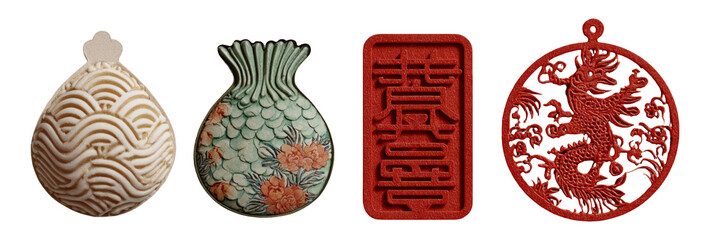 Colorful Traditional Objects with Unique Designs on Transparent Background