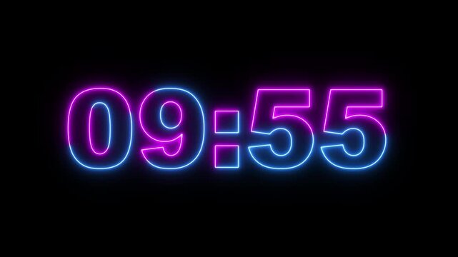 glowing neon 10 minute Countdown timer. neon 10 to 9 minute Countdown timer on black background.