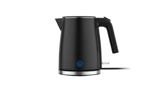 Modern black electric kettle for fast and efficient water boiling isolated on transparent background - Powered by Adobe