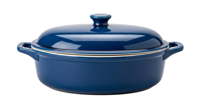 Stylish blue casserole dish with lid for oven or stovetop cooking isolated on transparent background