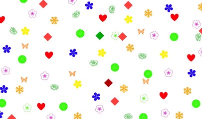 A scattered array of hearts flowers butterflies diamonds circles and snowflakes on a white background