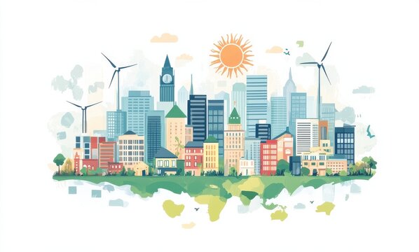 Sustainable cityscape illustration with green world map and eco-friendly buildings embracing renewable energy - Powered by Adobe