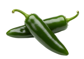 Isolated pair of shiny dark green jalapeño peppers, food photography, culinary ingredients