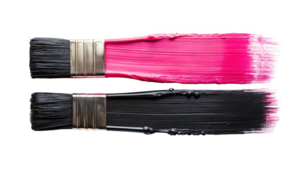 Two paintbrushes with pink and black paint isolated on transparent background