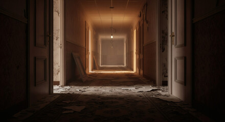 Obraz premium Eerie Illuminated Hallway A Glimpse into Decay and Mystery