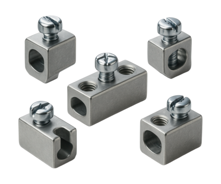 Clamp blocks are metal pieces with screws for securely holding wires in electrical panels.