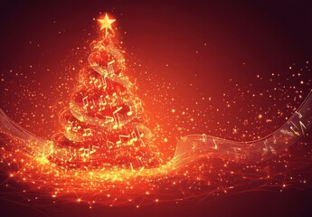 Radiant Christmas tree illustration with musical notes on a vibrant red background, featuring festive holiday spirit and creative artistry