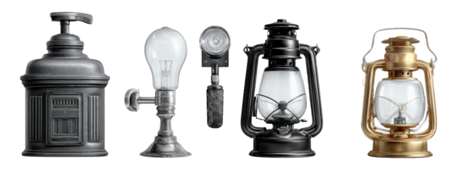 Vintage Oil Lamps and Retro Objects Collection on Transparent Background