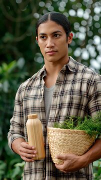 Young entrepreneur holding sustainable wooden bottle and eco-friendly produce kit in natural environment lifestyle portrait for startup growth