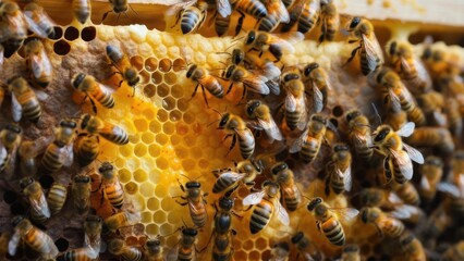 Close up of a busy beehive with many bees on honeycomb.