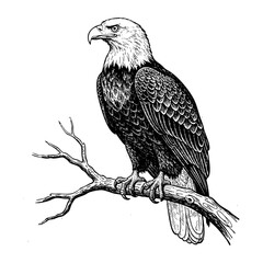 Bald Eagle Perched on Branch Engraving Vector Illustration