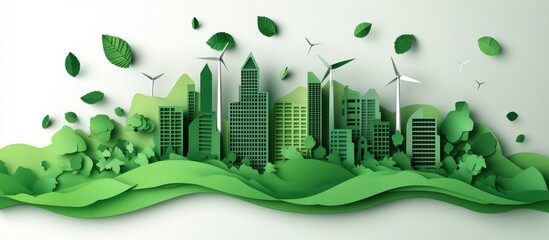 illustration of a green cityscape with wind turbines and eco-friendly architecture surrounded by lush greenery and hills