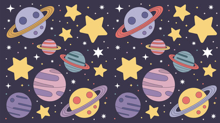 Naklejka premium Colorful cartoon planets and stars scattered across a dark purple space background illustration