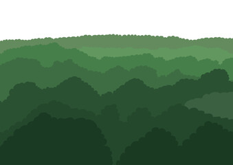 Abstract green forest hills with a white sky. Landscape of nature for environmental, ecology, and outdoor concepts.