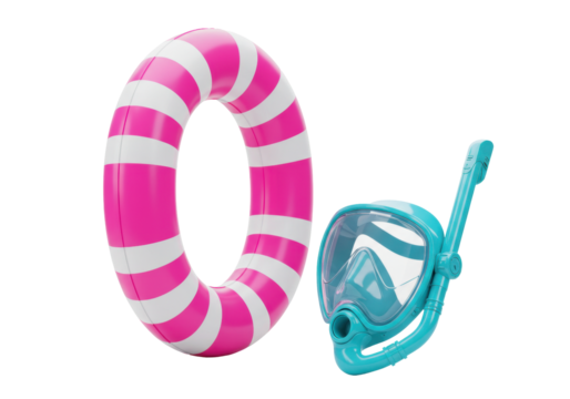 Isolated pink swim ring and aqua snorkel gear for the beach or swimming pool activities