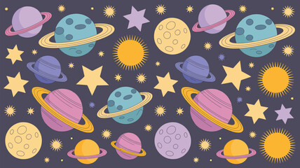 A whimsical pattern of planets, stars, and suns scattered across a dark purple cosmic background