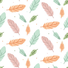 Seamless flat vector pattern with colorful feathers. Decorative and trendy texture for textile, wallpaper, wrapping paper, and surface design. Bright, boho-inspired, and artistic illustration.