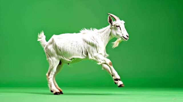Playful white domestic goat jumping and running on a green screen background.