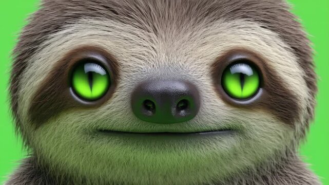 Cute cartoon sloth with green eyes on bright green background  