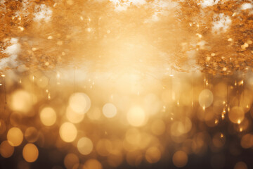 Golden particles and light bokeh background. Nature autumn forest