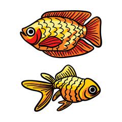 Set of yellow, orange fish with black outline on white background. Hand-drawn vector illustration. Ideal stickers, kids' products, textiles, wallpapers, marine-themed designs. Isolated marine animals