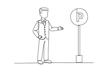 Simple continuous line drawing of parking attendant. Parking area minimalist concept, parking activity.