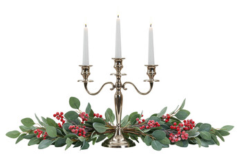 Isolated holiday candelabra table centerpiece, with red berries and leaves on a surface