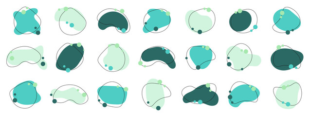 Liquid abstract blobs with circles. Turquoise organic shapes with playful style. Design made for backgrounds and decoration