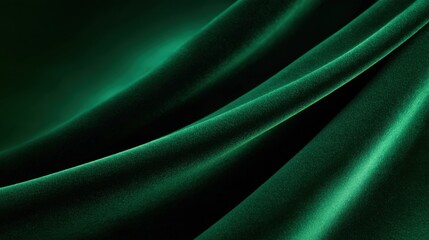 Elegant dark green satin fabric draping gracefully, creating soft waves and shadows in a serene setting