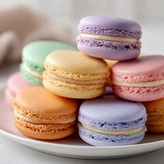 Fototapeta premium Colorful macarons on a plate, showcasing pastel dessert elegance.