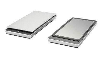 Two flatbed scanner isolated on transparent background, one open and one closed