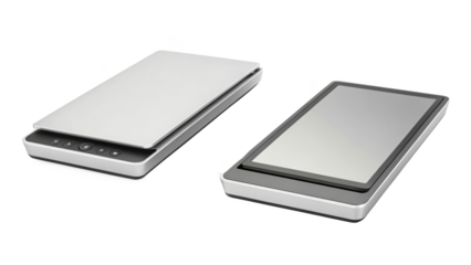 Two flatbed scanner isolated on transparent background, one open and one closed